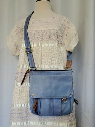 Vintage Fossil Blue Leather Crossbody Messenger Bag Saddle Flap Purse