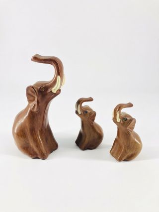 Vintage Set Of 3 Sitting Elephant Carved Wood Figurine Family Trunk Up
