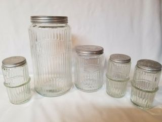 Vintage Hoosier Cabinet Ribbed Glass Jars Tea Canister And Large Canister