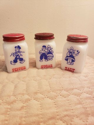 Vintage Mckee Milk Glass Salt Pepper Sugar Shakers With Dutch Boy And Girl