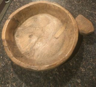 Large Antique Rustic Hand Carved Primitive Deep Wooden Bowl With Handle - Heavy
