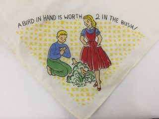 Vtg Hanky Handkerchief Boy Girl A Bird In Hand Is Worth 2 In The Bush 9” X 9 "