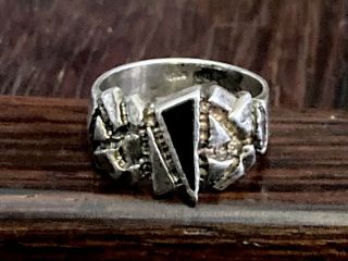 Vintage Navajo Sterling Silver Onyx Textured Band Ring Size 9,  8g Signed Wheeler