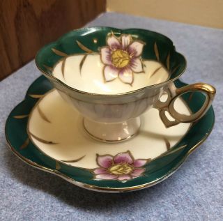 Vintage Tea Cup And Saucer Ucagco,  Demitasse Pink Flower W/ Gold,  Green Border