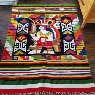 Vintage Woven Wool Native Aztec Mayan Wall Hanging Tapestry Rug Mexican 72x54.  5
