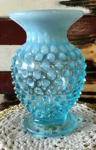 Vintage Art Glass Blue Opalescent Hobnail Vase 3.  75 "
