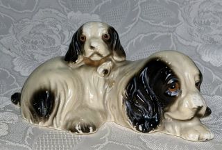 Vintage Ceramic Black White Cocker Spaniel With Puppy Dog Figurine