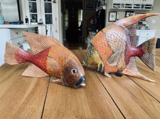 Set Of 2 Large Vintage Wooden Hand Carved Painted Fish.  Sculpture