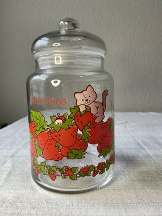 1980 Vintage Strawberry Shortcake Glass Canister Jar W Stopper Top Delicious Cat