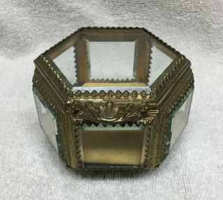 Vintage Filigree Ormolu Jewelry Casket 6 Sided Beveled Glass Ornate Trinket Box