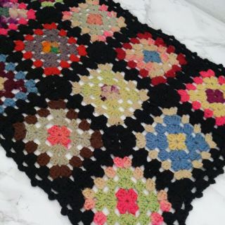 Vintage Granny Square Hand Crocheted Multi Colored Afghan Throw Table Runner