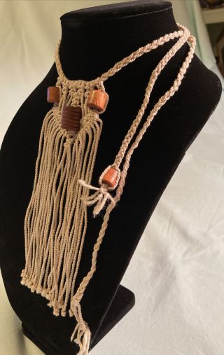 Vintage 1970 ' s Handcrafted Macrame Necklace/ Choker w/ Wooden Beads - Boho 3