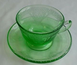 Vintage Green Depression Glass Love Birds Federal Sylvan Tea Cup & Saucer