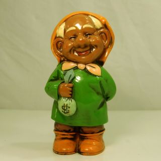 Vintage 9 " Gnome W/ Money Bag Coin Bank Made In Japan Chalkware
