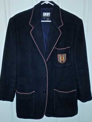 Dkny Vintage Wool Blazer Navy With Trim And Patch On Top Pocket Women 