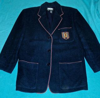 DKNY vintage wool blazer navy with trim and patch on top pocket women ' s size 10 2