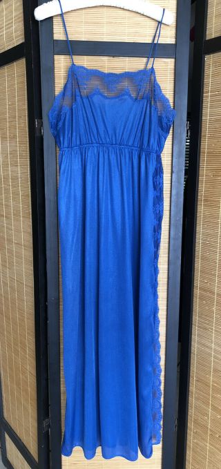 Vintage Jcpenney Shiny Blue Nylon Long Nightgown Sheer Lace Side Slit Large