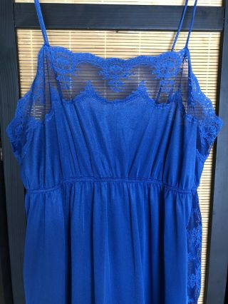 Vintage JcPenney Shiny Blue Nylon Long Nightgown Sheer Lace Side Slit Large 2