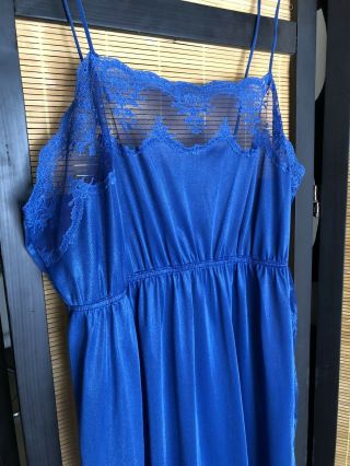 Vintage JcPenney Shiny Blue Nylon Long Nightgown Sheer Lace Side Slit Large 3