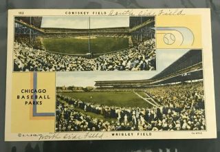 Vintage 1938 Chicago Cubs & White Sox Postcard - Comiskey Field & Wrigley Field