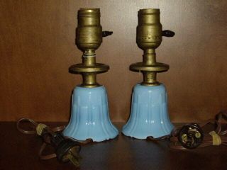 Pair (2) Vintage Glass Baby Blue Small Table / Desk Lamps " Cute "