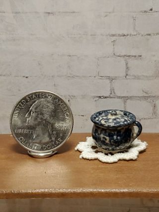 Igma Miniature Artisan Jane Graber Pottery Blue Spongeware Lidded Pot 1984