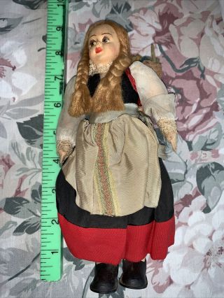 Vintage 8 1/2” German Swiss Alpine Paper Mache Linen Doll Painted Features Dress