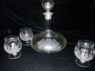 Vintage Etched Tall Ship Crystal Brandy Decanter And Brandy Glass Tumblers