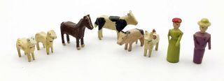 Vintage Toys 6 Miniature Wooden Farm Animals Pig Cow Sheep Horse Dog & 2 People