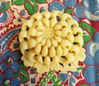 Luscious Vintage 1940s Cream Carved Celluloid Floral Circle Pin Brooch 2 "
