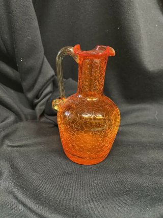 Vtg.  Art Glass Orange Handblown Crackle Glass Yellow Handle Mini Pitcher Vase