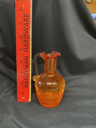 Vtg.  Art Glass Orange Handblown Crackle Glass Yellow Handle Mini Pitcher Vase 2