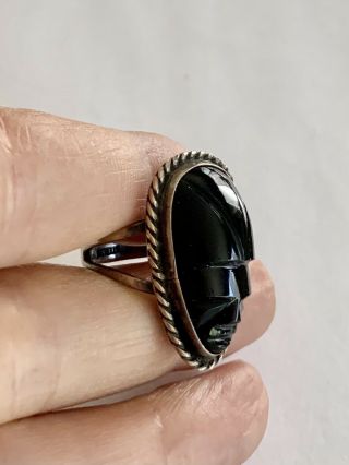 Vintage Mexico Sterling Silver Carved Aztec Warrior Face Black Onyx Ring