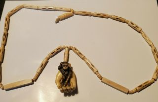 Vtg Antique Carved Ivory Colored Bovine Bone Bead Monkey In Hand Necklace