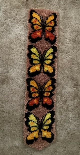 Butterfly Latch Hook Rug Wall Hanging Yarn Shag Complete 45” X 10” Vintage