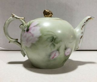 Vintage Furstenberg West Germany Hand Painted Porcelain Teapot Green W/ Roses