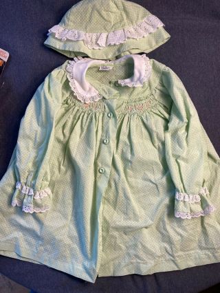 Polly Flinders Hand Smocked Green Dress Matching Hat Sz T4 Dotted Swiss