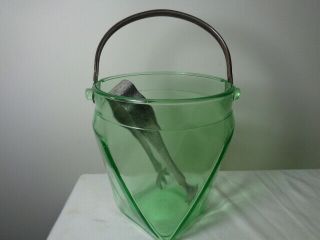 Vintage Uranium Green Depression Ice Bucket Triangles Pattern
