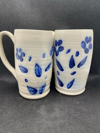 Vintage Williamsburg Pottery Handmade Stoneware Mugs Cups Tall Pair Set