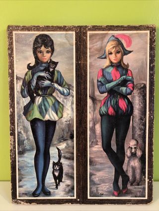 Vtg Maio Big Eye Harlequin Girls Jesters Plaque: Cats And Poodle,  12” X 15”
