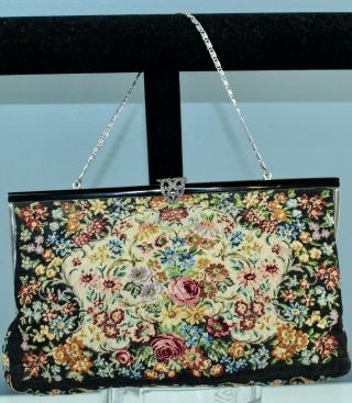 Vintage Lovely Petit Point Tapestry Purse Made In France Floral