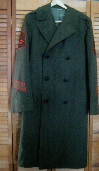 Usmc Vintage Overcoat Men Coat Sz 38r Wool Serge Green Red Patches Us Marines