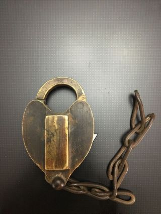 Vintage Antique Brass Heart Shaped Padlock/railroad Lock W/chain - No Key