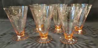 Vintage Etched Pink Depression Glass,  Set Of 6 Footed Juice Glasses
