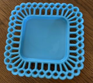 Vintage Opaline Blue Milk Glass Square Plate Lace Reticulated Edge Eapg