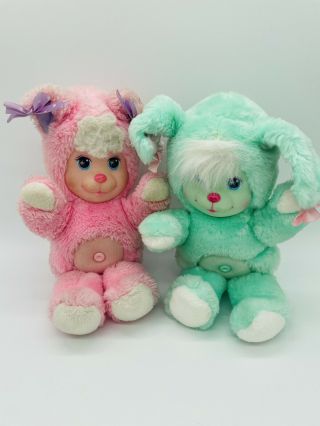 Vintage 1990 Mattel 14” Pink And Teal Plush Bunny Rabbit Set