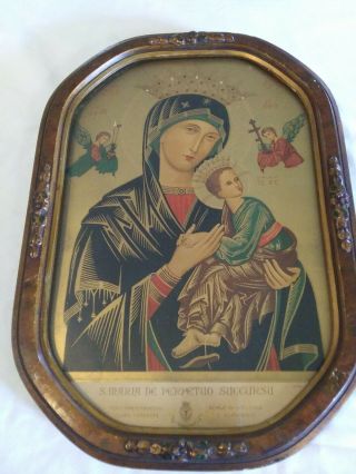 Vintage Framed Catholic Religious Art S.  Maria De Perpetuo Succursu Mary & Jesus