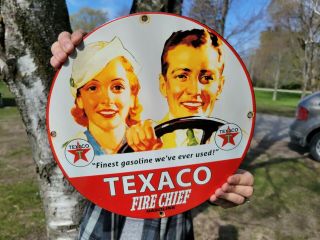 Vintage Old Texaco Fire Chief Gasoline Motor Oil Porcelain Gas Fuel Station Sign