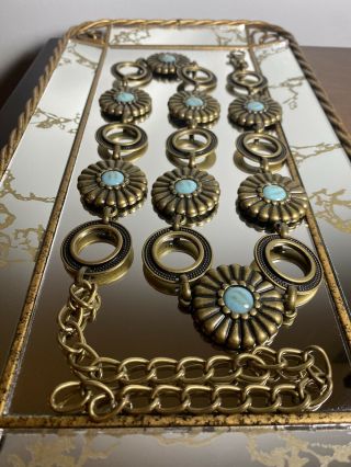 Vintage Brass Squash Blossom & Faux Turquoise Concho Belt 32” Adj.  To 42”