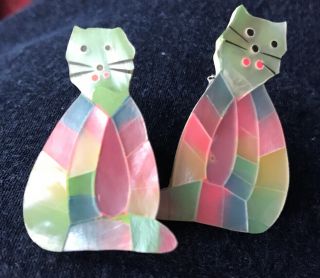 Handmade Mosaic Mother Of Pearl Shell Cat Earrings - Pastel Colors Pierced Vintage